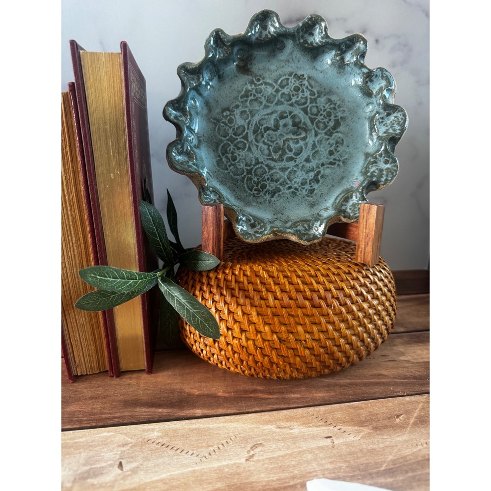 Studio Pottery Ruffled Edge Bowl Butterfly Lace Teal Blue Glaze Artisan Ceramic